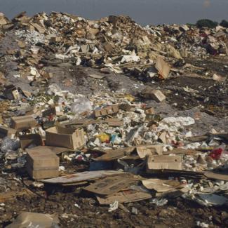 Gradski dep.; naslage smeća, u prvom planu kartonska ambalaža