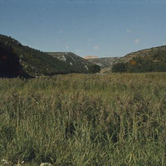 Livada pored Zrmanje; iznad obronaka nasip pored porvšinskog kopa; izmjena pejzaža; od 