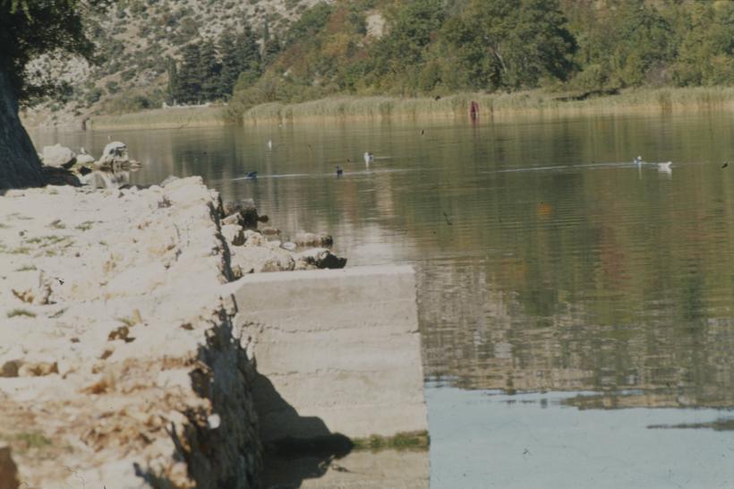 Kraj pristupa rijeci s lijeve obale u Obrovcu; galebovi na rijeci ispod tvornice 